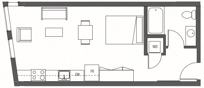 Floor plan for studio, 1 bath, 603 sqft